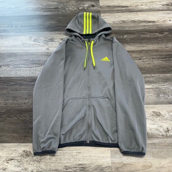 Adidas 3 Striped Logo Gray Neon Green Mens S Sporty Full Zip Sweatshirt Hoodie‎ - Picture 1 of 9